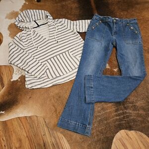 Set Wide Leg Denim Trouser Jeans Cream Navy Blue Nautical Pullover Large 10